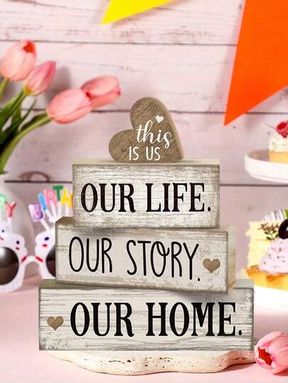 4pcs Wooden Heart-Shaped Country Style Decorative Pieces, Warm Home Decor Wooden Signs, Tiered Tray Decor, Kitchen Center Decor, Country Style Tiered Tray Decor, Dining Table Decor, Country Style Christmas Decor, Vintage Wooden Home Decor, Family Motto Signs