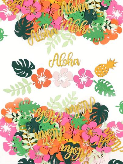 100片热带夏威夷派对彩色纸屑桌饰，多色纸屑，适用于室内/室外夏季餐桌装饰，热带花朵、棕榈叶、菠萝等阿罗哈形状，生日派对餐桌装饰