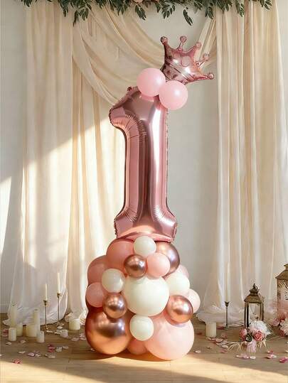 28pcs 32-Inch Rose Gold Number Balloons, Crown Balloons, Pink White Champagne Gold Latex Balloon Set, Suitable For Birthday Party, Anniversary, Family Gathering Decoration