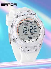 SANDA 6289 Relojes electrónicos impermeables para hombres, multifuncionales, con LED luminoso, alarma, cronómetro y pantalla digital - Blanco - Ver 6