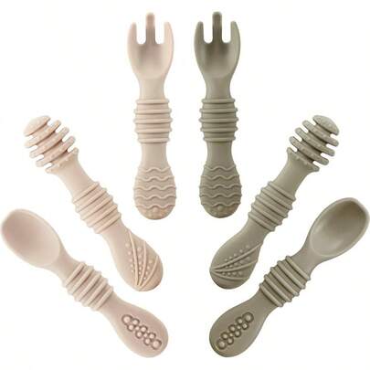 Silicone Spoons Fork Feeding Set 6 Pack Fist Stage Silicone Self Feeding Utensils Weaning Ages 6+ Months