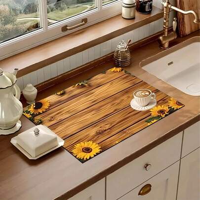 1pc Sunflower Print Kitchen Counter Dish Drying Mat, Super Absorbent, Hides Stains, Rubber Backed Multi-Purpose Dish Drying Pad, Suitable For Coffee Maker, Dish Rack, Kitchen Counter, Coffee Pot