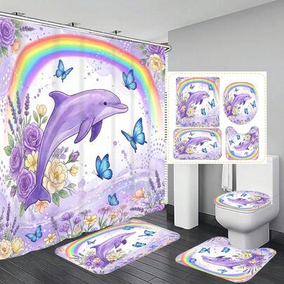 Bộ 1/4 rèm tắm trang trí phòng tắm đa năng họa tiết cá heo huyền ảo, hoa lá và cầu vồng, kèm 12 móc treo miễn phí, mang đến không gian nghỉ lễ trang nhã. Ngoài ra còn có thảm phòng tắm, thảm chữ U và thảm tròn, phù hợp với mọi không gian phòng tắm.