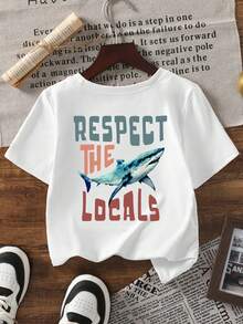 Áo thun ngắn tay cổ tròn dáng rộng phong cách đường phố Âu Mỹ mùa hè cho bé trai, in chữ "RESPECT THE LOCALS" (Tôn trọng người dân địa phương) ngộ nghĩnh, thích hợp cho kỳ nghỉ biển và mặc hàng ngày, rất đa năng. - trắng - Xem 2