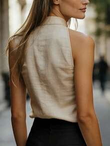 Minimalist Elegant Beige Women's Sleeveless Top, Summer Fashion Simple Versatile Blouse For Work Casual - Khaki - View 5