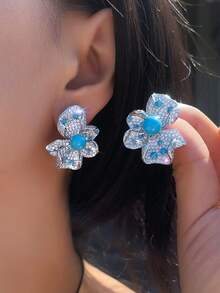 1 Pair Women Boho Silver Plated Blue Turquoise Big Flower Stud Drop Earrings Cubic Zirconia Jewelry Accessories For Brides Bridesmaids Wedding Party Prom - Blue - View 2