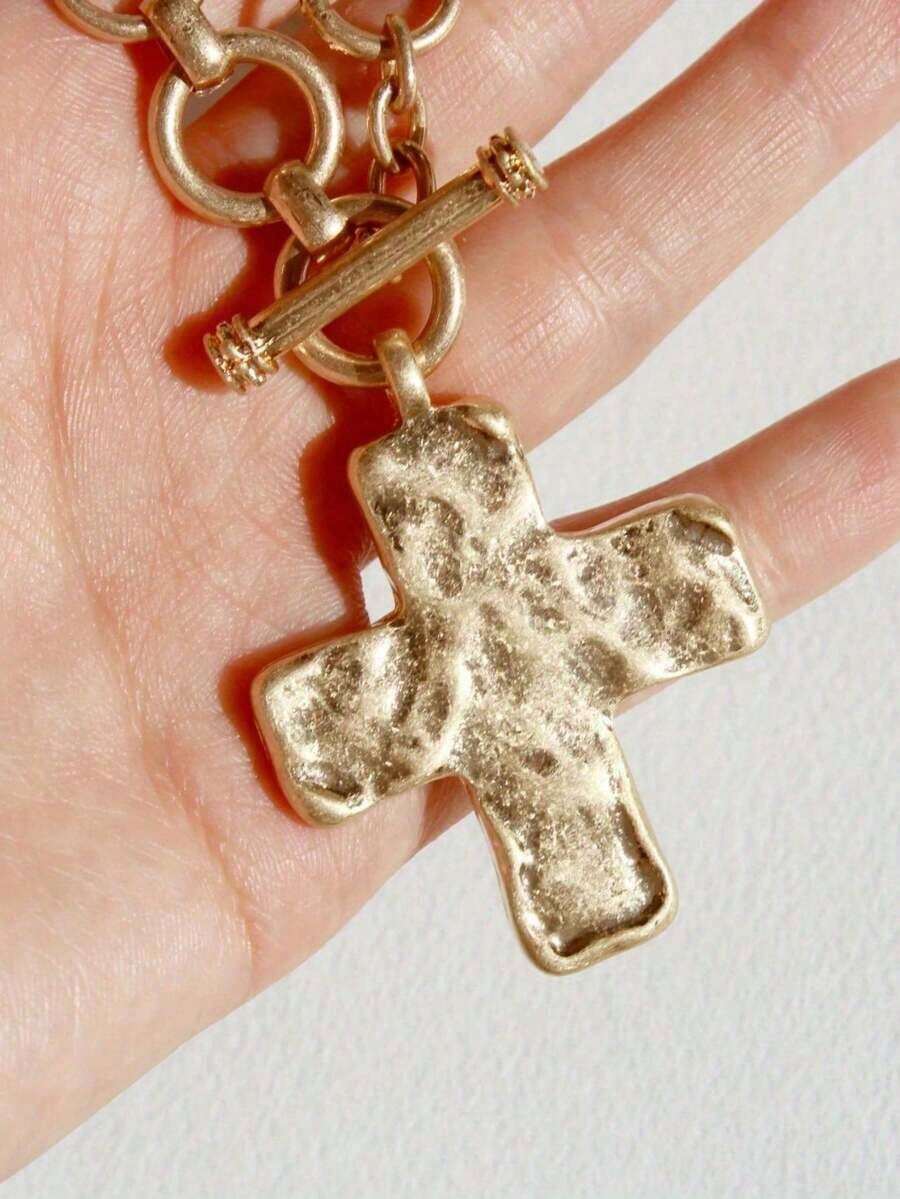 1Pcs Hammered Thick Cross Necklace Set, Suitable For Both Men And Women, Chunky Chain Necklace, Oversized Pendant Necklace, Vintage Chain Pendant Beads. - Gold - View 1