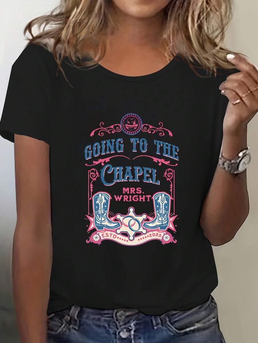 Women's Fashionable Printed Pure Cotton Short-Sleeved T-Shirt, Featuring A Graphic Print Design, Round Neck Short Sleeves, Soft And Breathable, Versatile, Suitable For Everyday Wear, A Must-Have For Fashionable Women! - Black - View 1