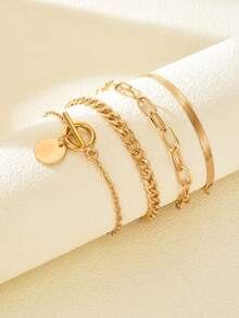 Set de 4 piezas de pulseras ajustables con cadena plana de serpiente estilo bohemio, cadena en forma de O creativa, regalo de moda punk - Amarillo Oro - Ver 4