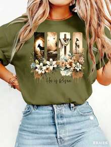 Easter Gift Women's Elegant Style Short Sleeve Easter Religious Theme Printed Pattern Round Neck Women's Comfortable Soft Breathable New Spring Summer - 綠色 - 查看 7