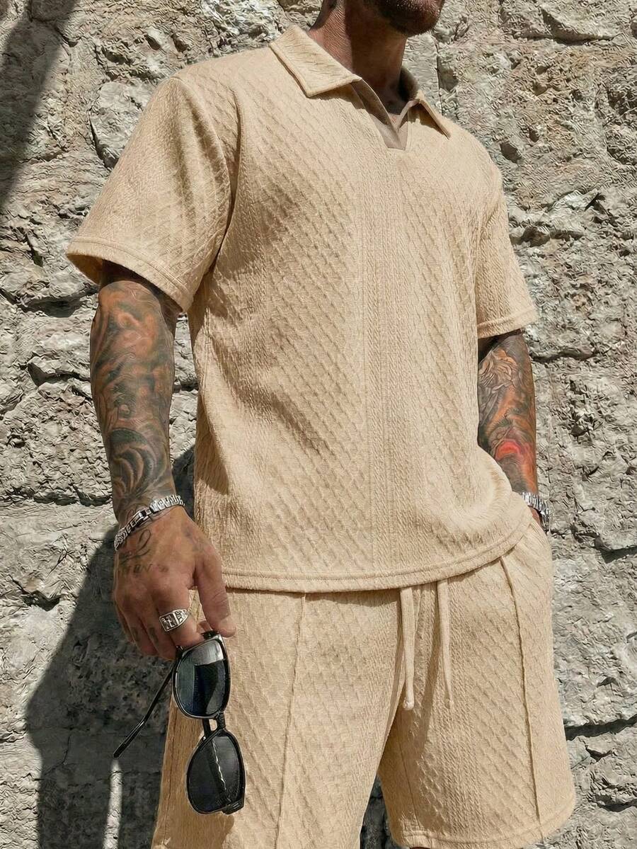 Men's Cool Daily Commute Home Casual Polyester Fabric Solid Color Versatile Sports Breathable Diamond Pattern Set - Khaki - View 1