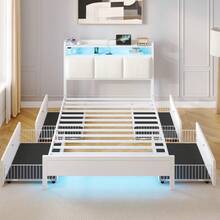 GREENSTELL Bed Frame Twin Size With Charging Station And LED Lights, Upholstered Storage Headboard With Drawers, Heavy Duty Metal Slats, No Box Spring Needed, Noise Free, Easy Assembly, Bedroom Deroc - trắng - Xem 6