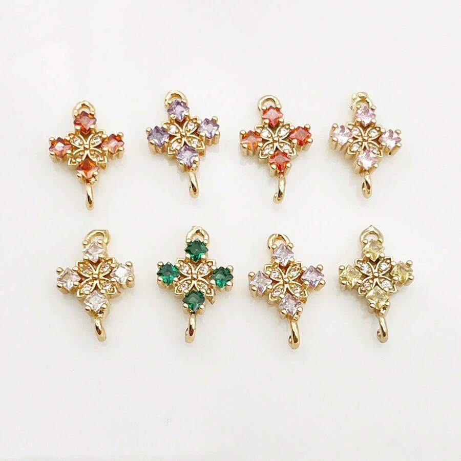 5/10颗铜镀金立方氧化锆方形四瓣花吊坠 - 适用于DIY珠宝制作、项链、手链、耳环、包包链 - 彩色 - 查看 1