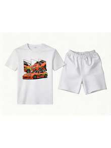 Conjunto masculino streetwear estilo carreras de dos piezas con estampado gráfico de autos deportivos en algodón ajuste holgado cuello redondo manga corta primavera verano uso casual y deportivo set - Blanco 1 - Ver 1