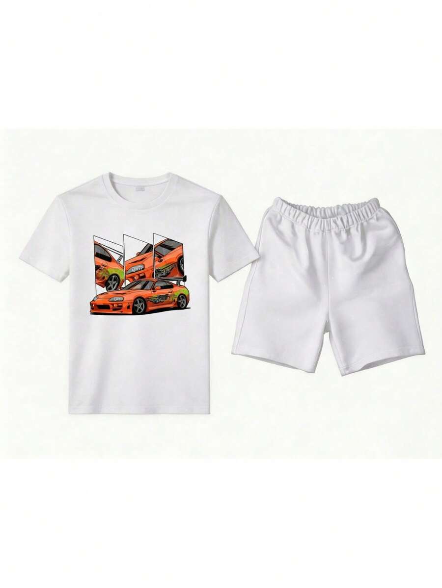 Conjunto masculino streetwear estilo carreras de dos piezas con estampado gráfico de autos deportivos en algodón ajuste holgado cuello redondo manga corta primavera verano uso casual y deportivo set - Blanco 1 - Ver 1