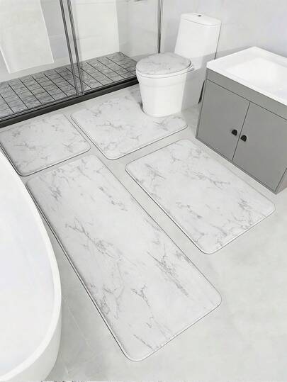 3/5pcs Luxury White Marble Bathroom Mat Set, Faux Marble Texture Pattern, Soft Absorbent Anti-Slip Bathroom Accessories - Includes Toilet Lid Cover, U-Shaped Toilet Mat, Bathroom Door Mat, Vanity Mat, Bathtub Large Mat - Flannel + Memory Foam + Polyester Fabric - Washable, Mildew-Resistant Bathroom Mats - Suitable For All Seasons, Home/Hotel/Dorm/Outdoor Camping/Western Style/Holiday Bathroom Decor, Back To School Essential, Housewarming/Mother's Day Gift