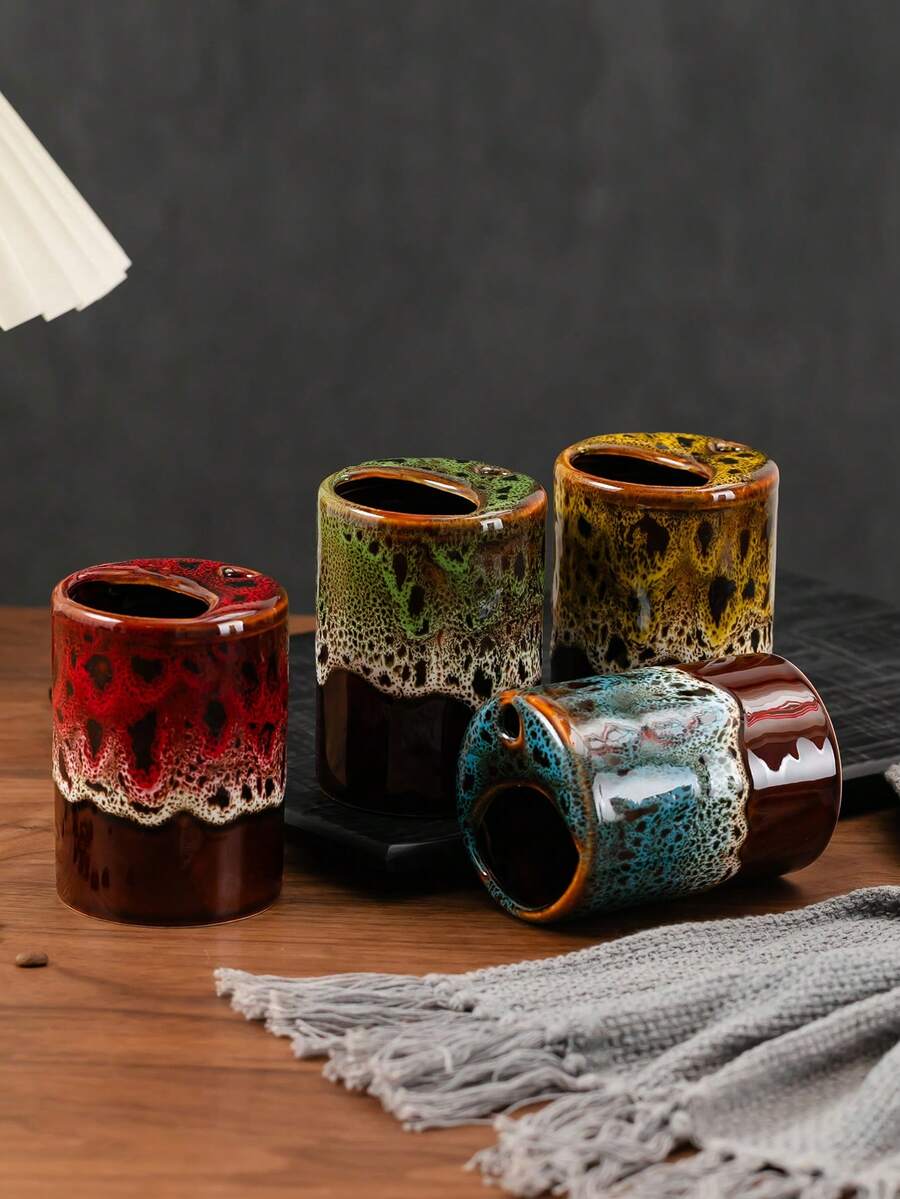 1个陶瓷裂纹釉马克杯，卡布奇诺咖啡杯，复古时尚拿铁杯，早餐牛奶杯，果汁杯，适合居家、办公室、咖啡馆、感恩节、情人节、母亲节、节日礼物 - 彩色 - 查看 1