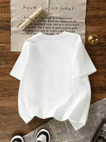 200g 100% Cotton T-Shirt, 2026 Women's Summer Fashion Letter Print Short Sleeve T-Shirt, Couple Style, Underwear/Outerwear, Office Casual Round Neck Short Sleeve Top - trắng - Xem 2
