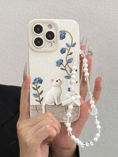 Capa minimalista e criativa à prova de choque com pulseira pintada em bege perfurado com estampa de gato, flores e gatinho, compatível com iPhone 17/17Pro/17ProMax/16/11/16Pro/16Plus/16ProMax/16E/15ProMax/13/14/12/XS/XR/7G/8P, Galaxy S26/S26Plus/S26 Ultra S25/S25Plus/S25 Ultra/A16/A36/A26/A56/A50/A12/A32/A52/A72/A51/A21S/A13/A14/S24/S24Plus/S24Ultra/S20/S23/S22/A53/S20FE/S21.