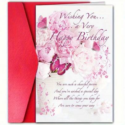 1pc Elegant Pink Butterfly Birthday Card, High-Quality Paper With Envelope - "Happy Birthday" With Floral Design, Perfect For Family, Son And Daughter, Girlfriend And Classmates, High Quality, Suitable For All Occasions