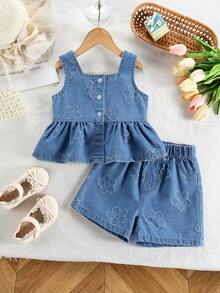 2pcs/Set Toddler Girls' Outdoor Casual Cute Floral Sleeveless Top & Fashionable Denim Shorts Set - Medium Wash - View 1