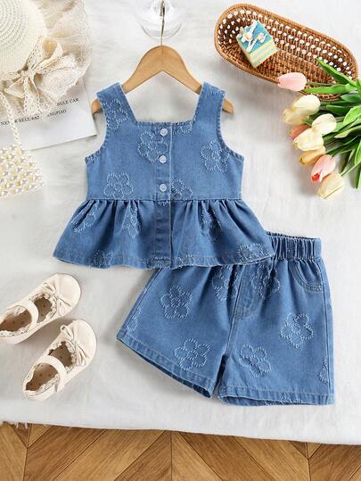 2pcs/Set Toddler Girls' Outdoor Casual Cute Floral Sleeveless Top & Fashionable Denim Shorts Set