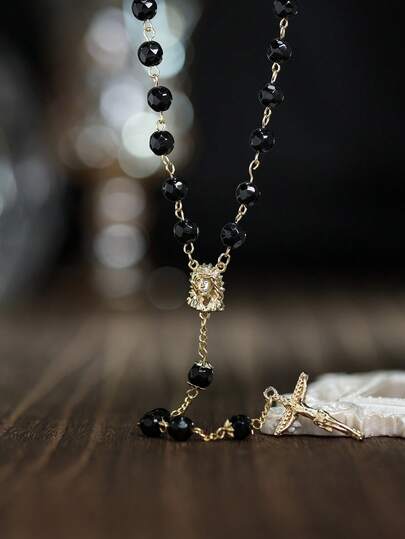 1件独特哥特式Y形耶稣十字架念珠项链 | 耶稣项链，黑色亚克力珠宗教念珠项链，适合日常佩戴、祈祷和聚会
