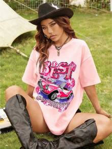Camiseta de mujer de manga corta con cuello redondo, estampado de letras y patrón de coche, de verano, casual, versátil y de uso diario de moda - Rosa - Ver 6