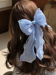 1pc White Mesh Bow Ribbon Barrette, Elegant Butterfly Hair Clip For Women - Blue - View 1