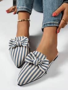 Breezelady Women's Spring/Autumn Korean Style Pointed Toe Light Blue Bowknot Vertical Striped Design Versatile Plus Size Flat Slip-On Mule Slippers, Casual & Slouchy Style, Fashion Indoor/Outdoor Leisure Home Slippers - 藍白色 - 查看 5