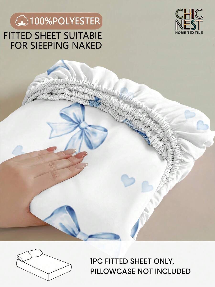1pc Light Blue Bow Pattern Fitted Bedsheet, Dust Cover, Valentine's Day Bedspread, Suitable For All Bed Sizes - Twin, Full, Queen, Soft & Breathable, Fits Mattress Up To 11.8 Inches - Baby Blue - View 1