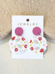1 Pair Women's Strawberry Print Ceramic-Like Cute Fresh Round Acrylic Earrings - Multicolor - View 1