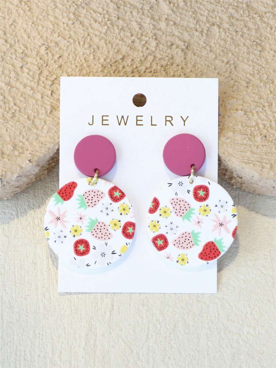 1 Pair Women's Strawberry Print Ceramic-Like Cute Fresh Round Acrylic Earrings - Multicolor - View 1