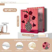 1pc Floral Checkered Vase Print: Berry Pink Wall Decor, Suitable For Home Decor, Room Decor, Bedroom Decor, Living Room Decoration, Bathroom Decor, Wall Decor, Optional Wall Art With Frame. - Multicolor - View 15