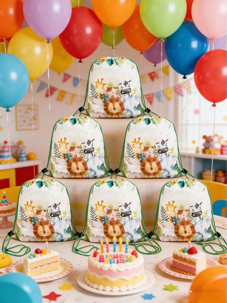 1/6个丛林动物图案婴儿派对抽绳背包礼品袋，优雅动物主题性别揭晓派对礼品，野性十足的一周岁生日派对用品，礼品包装袋，一周岁生日派对男女宝宝礼品袋，耐用可重复使用的婴儿派对手提袋，新生儿派对桌面装饰，婴儿派对装饰，婴儿派对礼物，性别揭晓派对装饰，休闲风格，生日派对装饰，户外背包，零食收纳袋，糖果袋，派对礼品