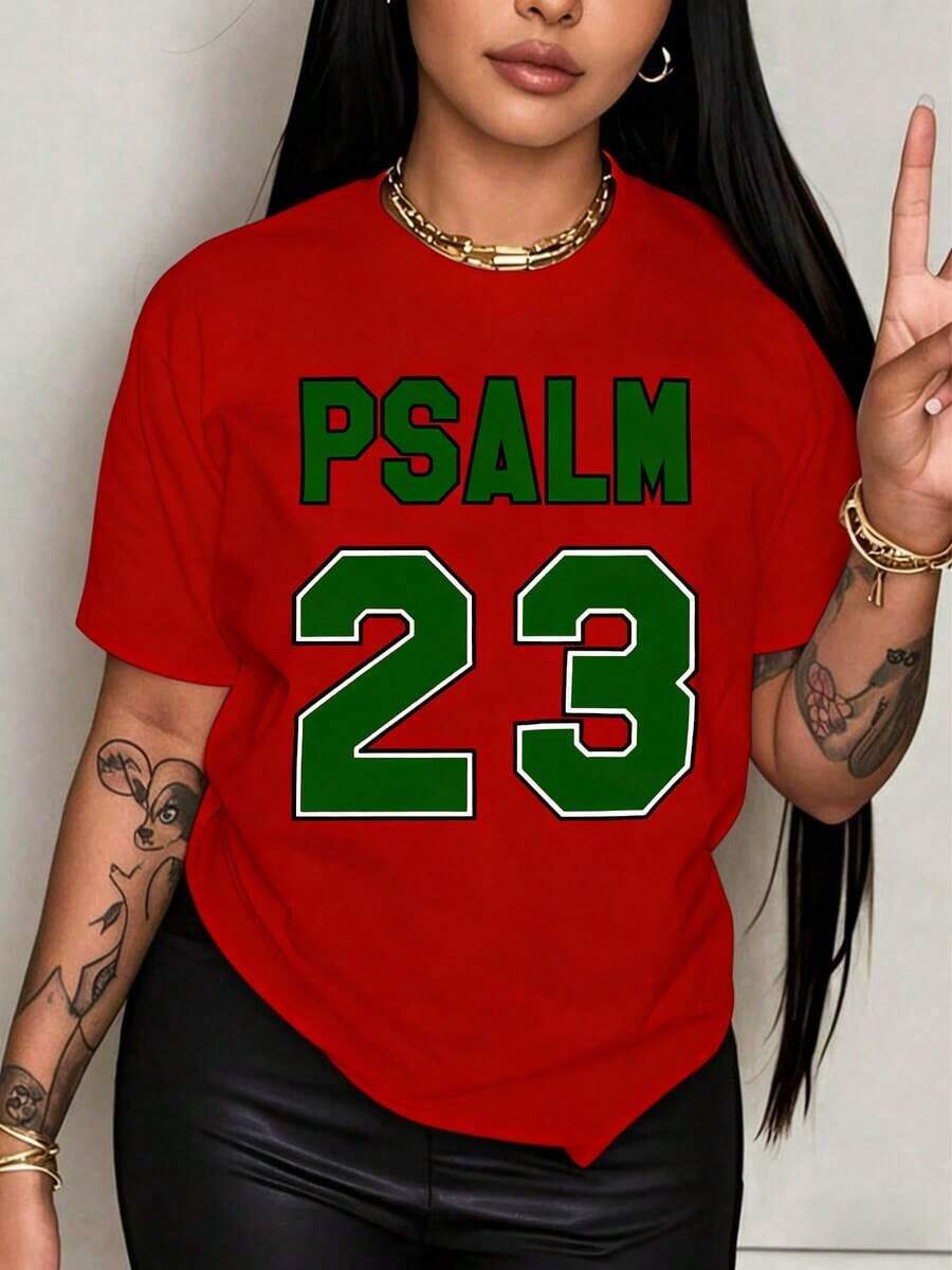 Hot Classic StyleWomen's Psalm 23 Jersey Premium T-Shirt - Casual Short-Sleeve Crew Neck T-Shirt With Bright Green Lettering, Soft And Breathable - 紅色 - 查看 1