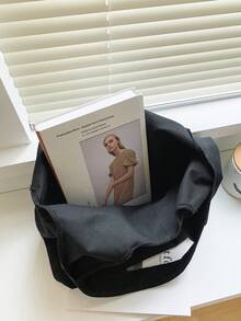 1 件装休闲学院风纯色手提包，带小狗图案贴片，大容量单肩包，可折叠轻便手提包，多功能购物袋和通勤包，非常适合女性和学生，是日常出行、上学和购物的理想之选。 - 黑色 - 查看 3