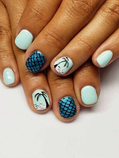 24pcs Cute Square Press On Fake Nails Blue Short Nail Coconut Tree And The Sea Fake Nails Women Summer Nails