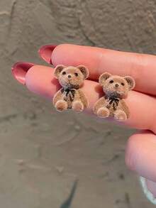 2pcs/Set New Bear Earrings 925 Silver Needle Korean Flocked Cute Bear Stud Earrings - Multicolor - View 6