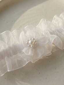 欧美白色蕾丝边腿套，新娘婚纱弹力大腿链，配珍珠花朵，性感 - 白色 - 查看 3