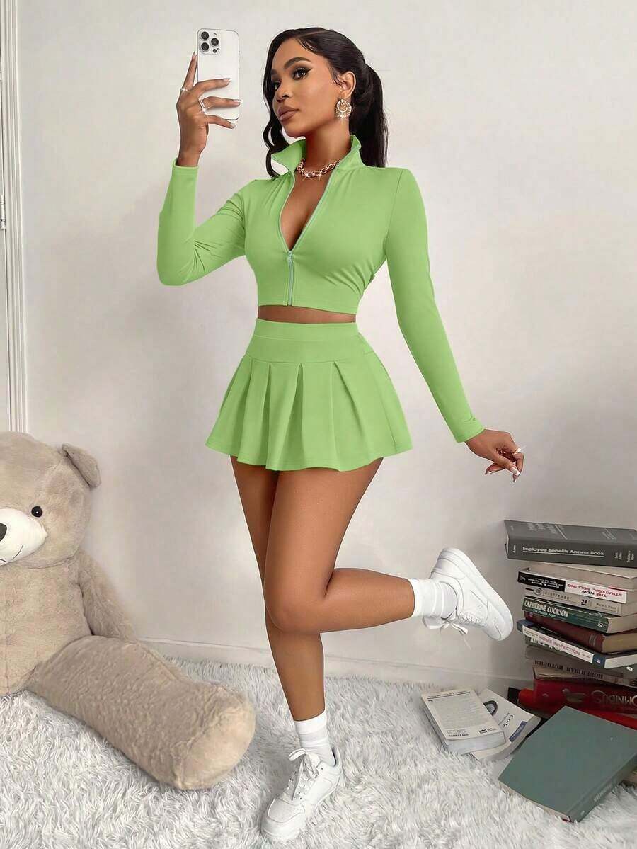 Women's 2-Piece Set, Slimming Top And Girly Style Safety Pants/Skirt, Suitable Sports, Daily Life, Tennis, Casual Elegant Zipper Pleated Design, Autumn/Winter - 綠色 - 查看 1