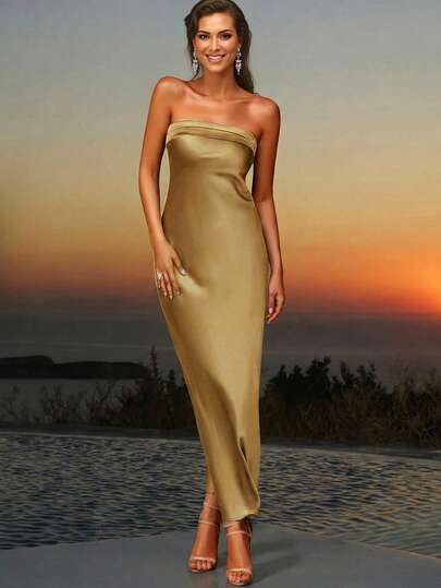 女士纯色无肩带连衣裙，适合日常穿着、派对、约会、婚礼等各种场合，四季皆宜。