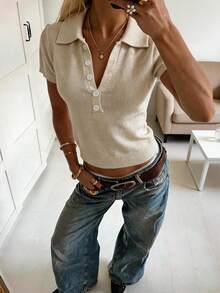 Women's Knit Short Sleeve Polo Top With Button Details High Stretch Regular Fit Knitwear,Vacation Outfits,Summer Tops,Office Outfits. - Light Oatmeal - View 4