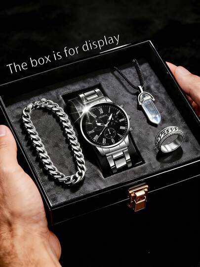 Bộ 4 món đồng hồ nam thạch anh đơn giản, phong cách tối giản cá tính, bao gồm đồng hồ thạch anh ba kim chronograph với dây đeo kim loại màu bạc, mặt số đen và chữ số La Mã, vòng tay, dây chuyền và nhẫn. Tập trung vào tông màu bạc đen mát mẻ và chất liệu kim loại chắc chắn, đồng hồ có các chữ số La Mã cổ điển và các mặt số phụ đa chức năng để tăng thêm vẻ ngoài thể thao, chuyên nghiệp, với dây đeo kim loại bền bỉ và thời trang.