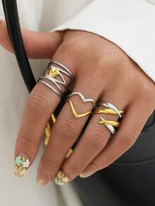 Uself 3pcs/1pc 18K Gold Plated 304 Stainless Steel Dual-Tone Heart Twist Rings Set, Polished Intertwined Open Rings, Daily, Party, Holiday Gift For Women - Multicolor - View 6