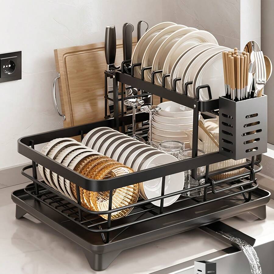 Double-Tier Kitchen Worktop And Sink Cutlery Rack, Large Cutlery Storage Rack, Complete With A Draining Board And Cutlery Rack; The Cutlery Storage Rack And Kitchen Storage Rack Are The Ideal Choice For The Home - View 1