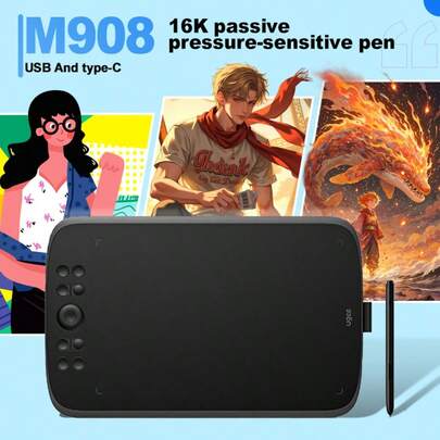  لوحة رسم رقمية UGEE M908 بمساحة 10 * 6.25 بوصة، بحساسية ضغط 16384 مستوى، لوحة فنية مع عجلة تمرير و8 مفاتيح اختصار، متوافقة مع أنظمة التشغيل ويندوز وأندرويد والمعدات الأخرى