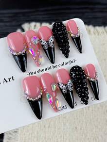 10片高端奢华女士风格，手绘立体蝴蝶，璀璨钻石簇手工假指甲，美甲贴纸，适合逃离公主的女士作为主人出席生日派对、家庭聚会和公司年会。 - 彩色 - 查看 2
