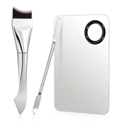 3PCS Makeup Mixing Palette With Foundation Spatula And Double-Ended Brush For Women Facial Cosmetic Nail Art Pigment Blending In Matte Finish