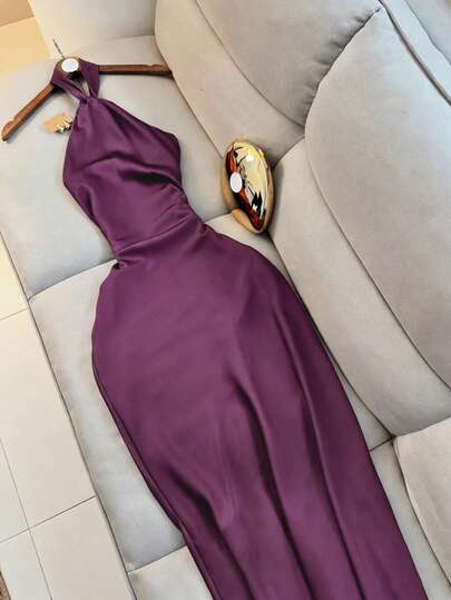 Vacation Outfits Women,Women's Party & Beach Vacation Dress: Stylish, Elegant, , And Versatile. Solid-Color Satin With A Lustrous Finish. Purple. Elegant Twist-Knot Tie Detail. Casual Off-The-Shoulder Long Dress For Women.